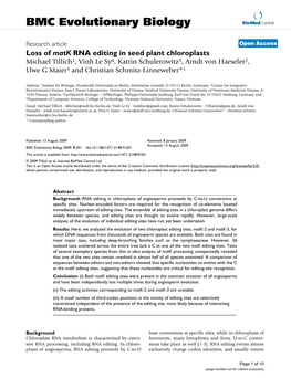 Loss of Matk RNA Editing in Seed Plant Chloroplasts