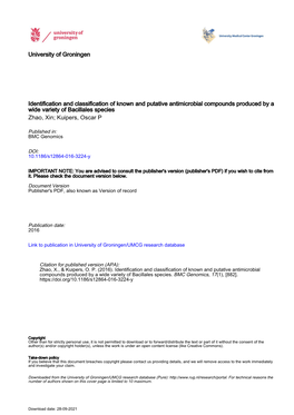 Identification and Classification of Known and Putative Antimicrobial Compounds Produced by a Wide Variety of Bacillales Species Zhao, Xin; Kuipers, Oscar P