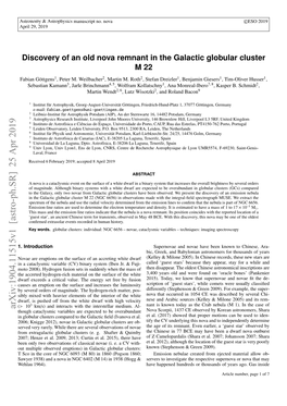 Discovery of an Old Nova Remnant in the Galactic Globular Cluster M 22 Fabian Göttgens1, Peter M