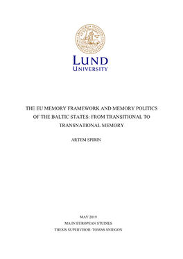 The Eu Memory Framework and Memory Politics of the Baltic States: from Transitional to Transnational Memory