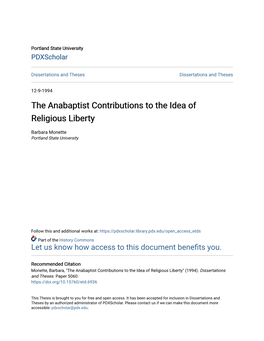The Anabaptist Contributions to the Idea of Religious Liberty