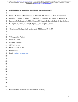 Genomics Analysis of Hexanoic Acid Exposure in Drosophila Species 2 3 Drum, Z.A