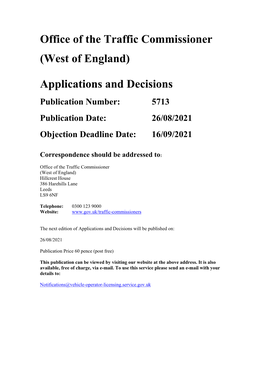 Office of the Traffic Commissioner (West of England) Applications and Decisions