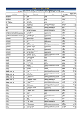 LIST of A-LA-CARTE CHANNELS * Please Note That, Number of Channels Will Vary Subject to Availability and Location