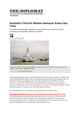 Australia's Third Air Warfare Destroyer Enters Sea Trials