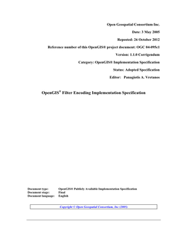 Opengis® Filter Encoding Implementation Specification