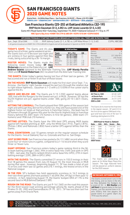 San Francisco Giants 2020 Game Notes