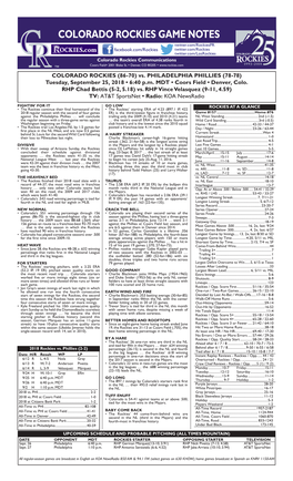 Colorado Rockies Game Notes