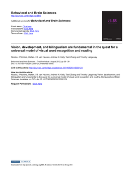 Behavioral and Brain Sciences Vision, Development, And