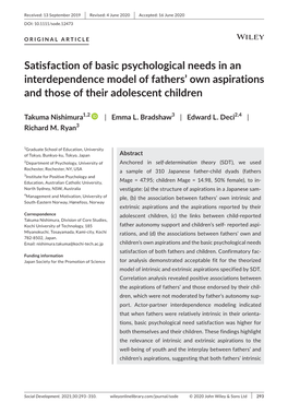 Satisfaction of Basic Psychological Needs in an Interdependence Model of Fathers’ Own Aspirations and Those of Their Adolescent Children