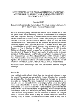 Reconstruction of Oak Woodlands History in Sw Slovakia: a Synthesis of Folk Forest Name Nomenclature, History, Ethnology and Ecology