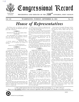 Congressional Record United States Th of America PROCEEDINGS and DEBATES of the 108 CONGRESS, FIRST SESSION