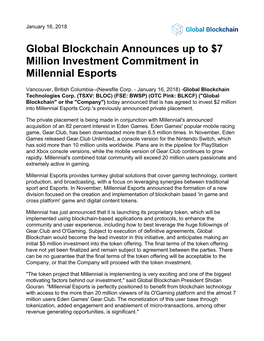 Global Blockchain Announces up to $7 Million Investment Commitment in Millennial Esports