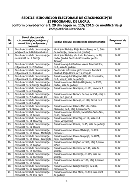 SEDIILE BIROURILOR ELECTORALE DE CIRCUMSCRIPŢIE ŞI PROGRAMUL DE LUCRU, Conform Prevederilor Art