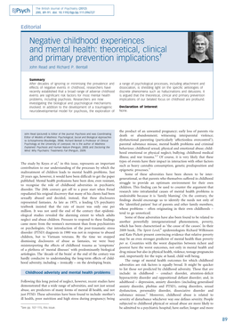 Negative Childhood Experiences and Mental Health: Theoretical, Clinical and Primary Prevention Implications{ John Read and Richard P