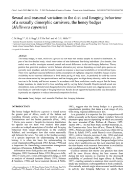 Sexual and Seasonal Variation in the Diet and Foraging Behaviour of a Sexually Dimorphic Carnivore, the Honey Badger (Mellivora Capensis)