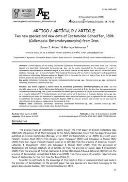 ARTIGO / ARTÍCULO / ARTICLE Two New Species and New Data of Isotomidae Schaeffer, 1896 (Collembola: Entomobryomorpha) from Iran