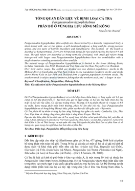 TỔNG QUAN DẪN LIỆU VỀ ĐỊNH LOẠI CÁ TRA Pangasianodon Hypophthalmus PHẦN BỐ Ở VÙNG HẠ LƯU SÔNG MÊ KÔNG Nguyễn Văn Thường1