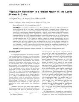 Vegetation Deficiency in a Typical Region of the Loess Plateau in China