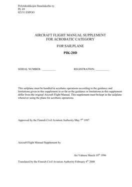 Flight Manual Supplement for Acrobatic Category for Sailplane Pik-20D