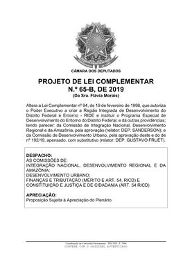 PROJETO DE LEI COMPLEMENTAR N.º 65-B, DE 2019 (Da Sra