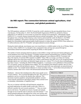 An HSI Report: the Connection Between Animal Agriculture, Viral Zoonoses, and Global Pandemics