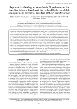 Reproductive Biology of an Endemic Physalaemus of the Brazilian Atlantic Forest, and the Trade-Off Between Clutch and Egg Size in Terrestrial Breeders of the P