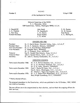 Number 3 NEWS 15 April 1968 of the Lepidopterists' Society Editorial Committee of the NEWS. E. J. Newcomer, Editor 1509 Summitvi