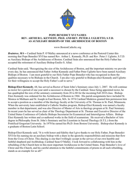 Pope Benedict Xvi Names Rev. Arthur L. Kennedy, Ph.D. and Rev. Peter J. Uglietto, S.T.D. As Auxiliary Bishops of the Archdiocese of Boston