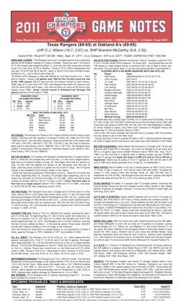 09.21.11 Notes 2011 Rangers Game Notes