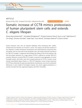 Somatic Increase of CCT8 Mimics Proteostasis of Human Pluripotent Stem Cells and Extends C. Elegans Lifespan