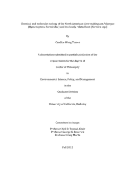 Chemical and Molecular Ecology of the North American Slave-‐Making