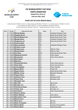 FIS WORLDLOPPET CUP 2018 TARTU MARATON Otepää-Elva, 63 Km CL February 18Th, 2018