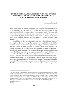 Building Global Civil Society Through Citizen Diplomacy. a Case Study of Soviet-Canadian Doukhobor Correspondence