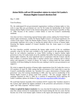 Asian Ngos Call on UN Member-States to Reject Sri Lanka's