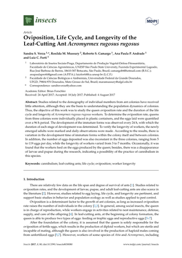 Oviposition, Life Cycle, and Longevity of the Leaf-Cutting Ant Acromyrmex Rugosus Rugosus