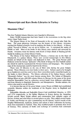 Manuscripts and Rare Books Libraries in Turkey