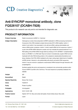 Anti-SYNCRIP Monoclonal Antibody, Clone FQS26107 (DCABH-7928) This Product Is for Research Use Only and Is Not Intended for Diagnostic Use