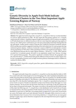 Genetic Diversity in Apple Fruit Moth Indicate Different Clusters in the Two Most Important Apple Growing Regions of Norway