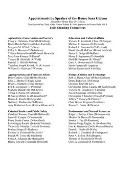 Appointments by Speaker of the House Sara Gideon Pursuant to House Rule 201.1(I)(A) Notification by Clerk of the House Robert B