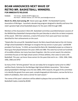 Bcam Announces Next Wave of Retro Mr. Basketball Winners. for Immediate Release