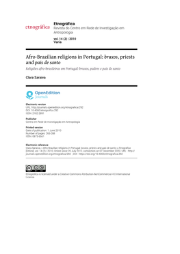 Afro-Brazilian Religions in Portugal: Bruxos, Priests and Pais De Santo Religiões Afro-Brasileiras Em Portugal: Bruxos, Padres E Pais De Santo