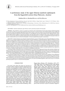 A Preliminary Study of the Upper Silurian Nautiloid Cephalopods from the Eggenfeld Section (Graz Paleozoic, Austria)