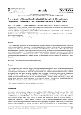 A New Species of Characidium Reinhardt (Ostariophysi: Characiformes: Crenuchidae) from Coastal Rivers in the Extreme South of Bahia, Brazil