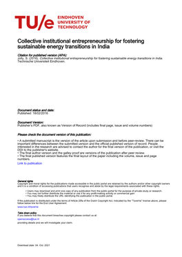 Collective Institutional Entrepreneurship for Fostering Sustainable Energy Transitions in India