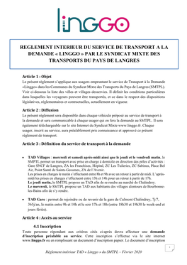Reglement Interieur Du Service De Transport a La Demande « Linggo » Par Le Syndicat Mixte Des Transports Du Pays De Langres