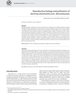 Reproductive Biology and Pollination of Aechmea Distichantha Lem. (Bromeliaceae)