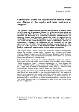 Commission Clears the Acquisition by Pernod Ricard and Diageo of The