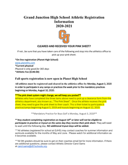 Grand Junction High School Athletic Registration Information 2020-2021