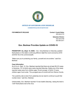 Gov. Beshear Provides Update on COVID-19